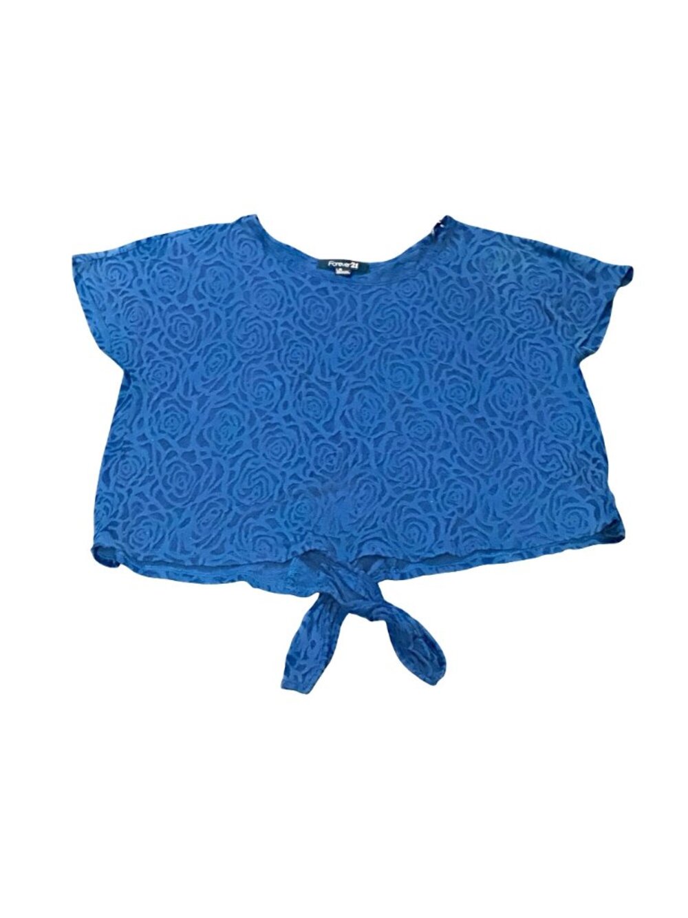 Forever 21 Large Blue Burnout Rose Tie Back Short Sleeve Top Casual Feminine Y2K - Picture 11 of 12